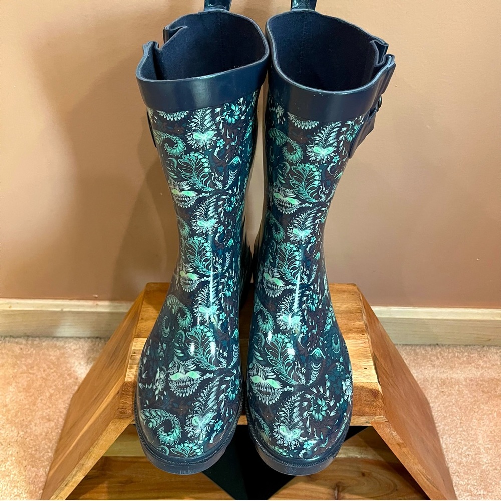 Navy Blue & Teal Rubber Rain Boots.